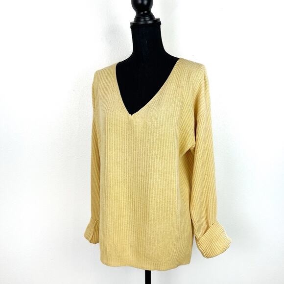 Oversized Large Silk Sweater Long Sleeve V-Neck Yellow - Picture 3 of 9